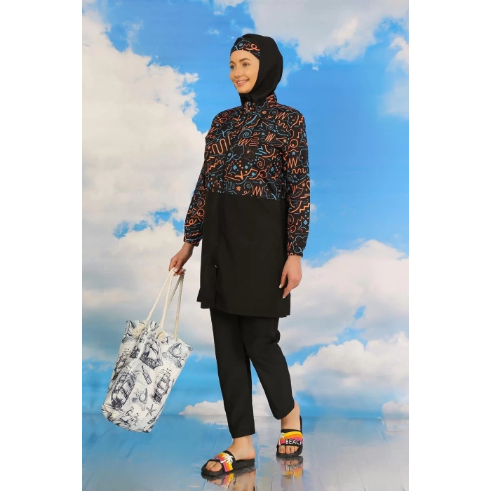 Moda Kadın Pantolonlu Desenli Tam Tesettür Mayo Siyah