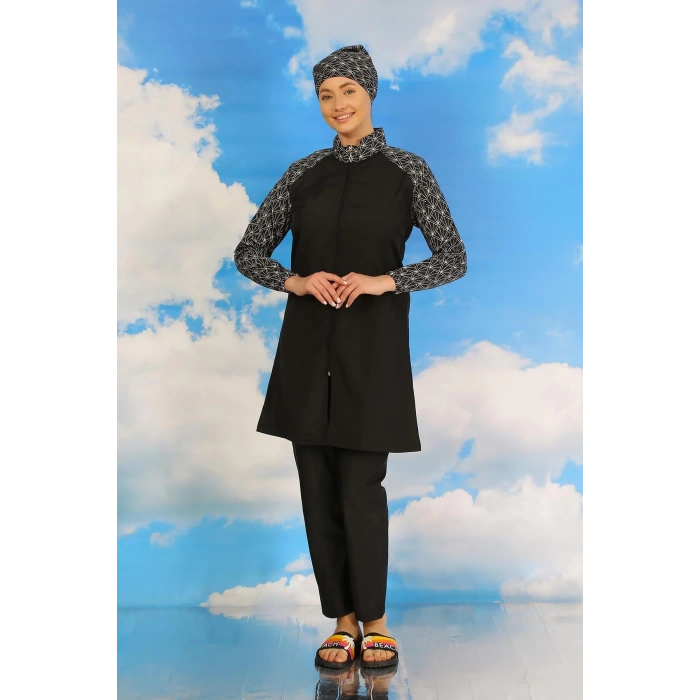 Moda Kadın Pantolonlu Desenli Tam Tesettür Mayo Siyah