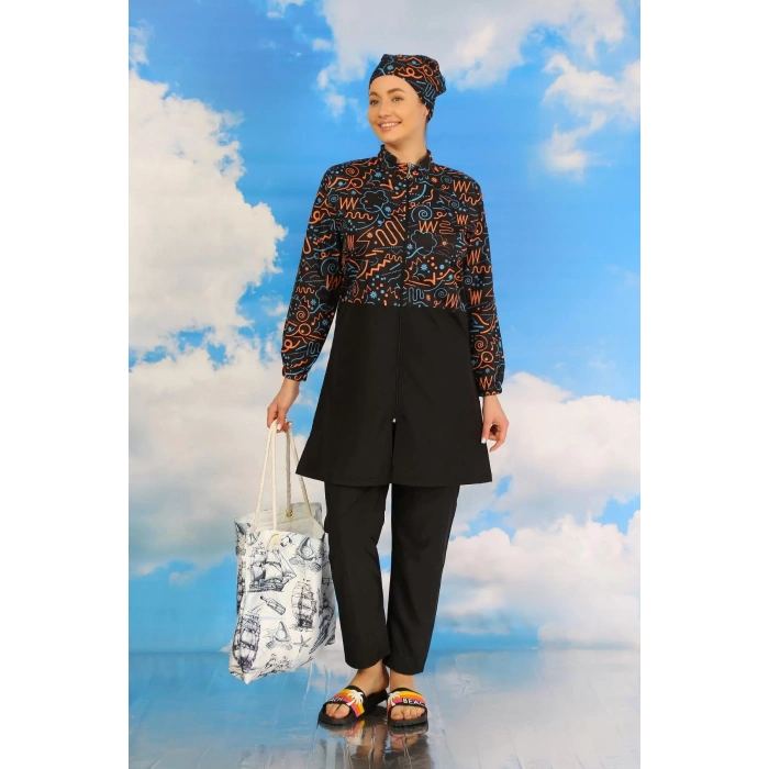 Moda Kadın Pantolonlu Desenli Tam Tesettür Mayo Siyah