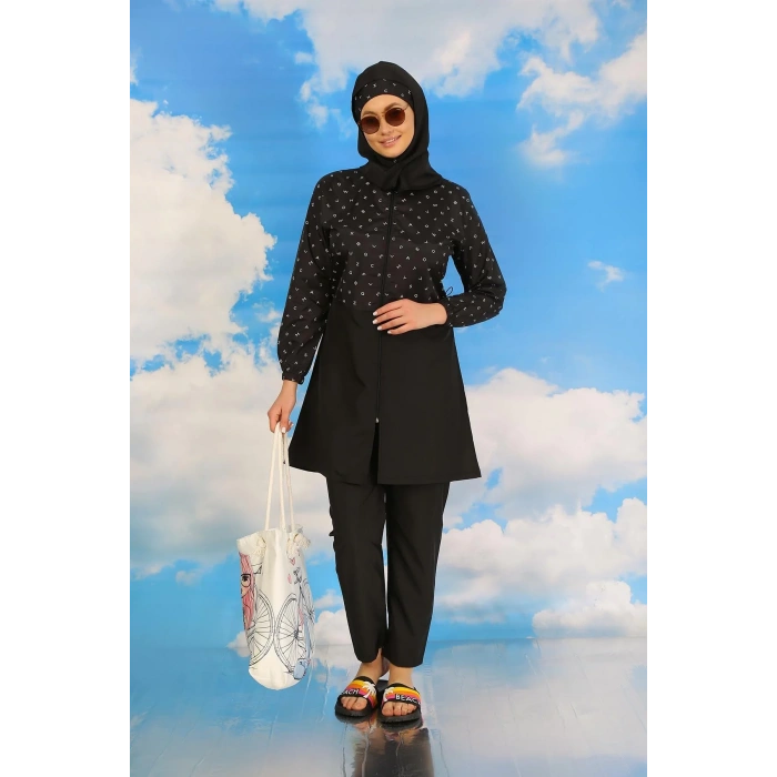 Moda Kadın Pantolonlu Desenli Tam Tesettür Mayo Siyah