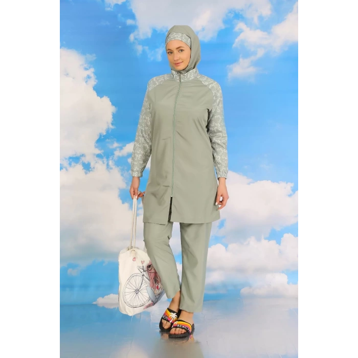 Moda Kadın Pantolonlu Desenli Tam Tesettür Mayo Su Yeşili