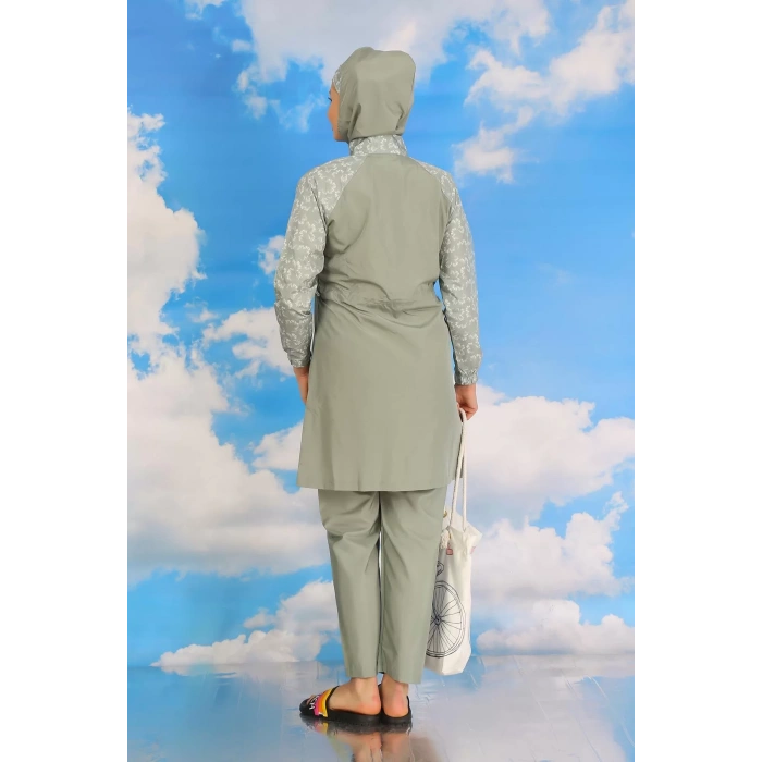 Moda Kadın Pantolonlu Desenli Tam Tesettür Mayo Su Yeşili