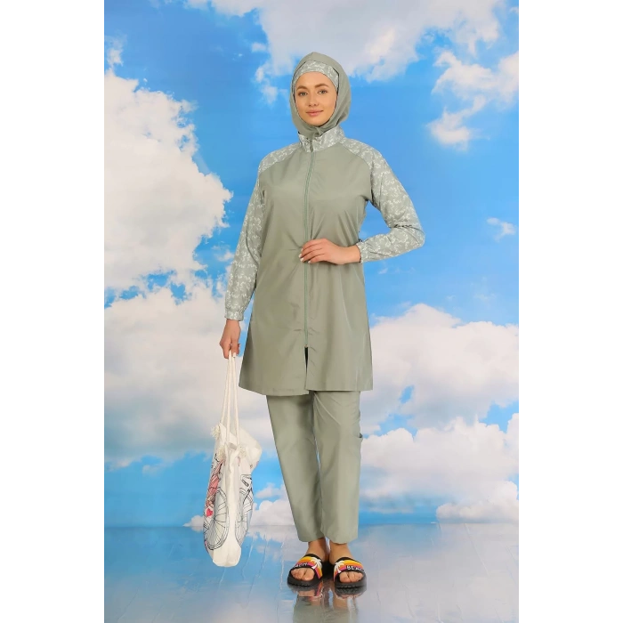 Moda Kadın Pantolonlu Desenli Tam Tesettür Mayo Su Yeşili