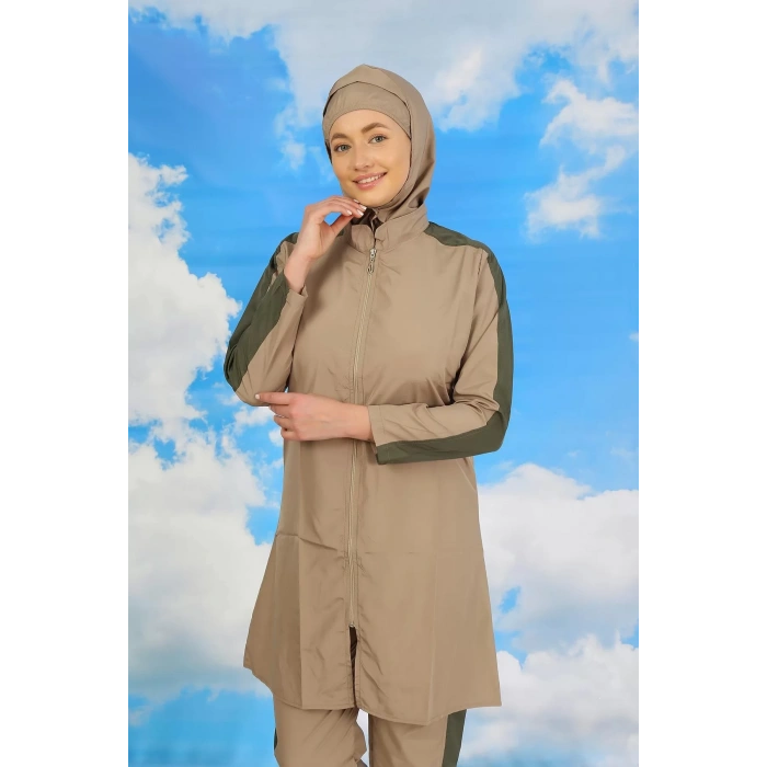 Moda Kadın Pantolonlu Kolu Şeritli Tam Tesettür Mayo Bej