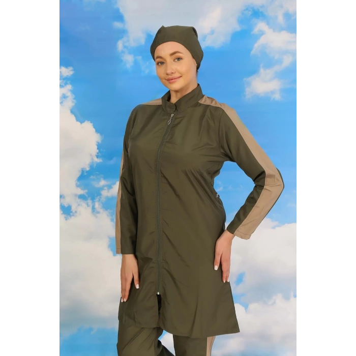 Moda Kadın Pantolonlu Kolu Şeritli Tam Tesettür Mayo Haki