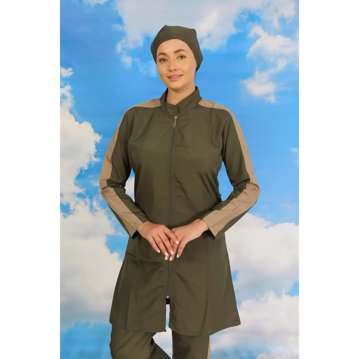 Moda Kadın Pantolonlu Kolu Şeritli Tam Tesettür Mayo Haki