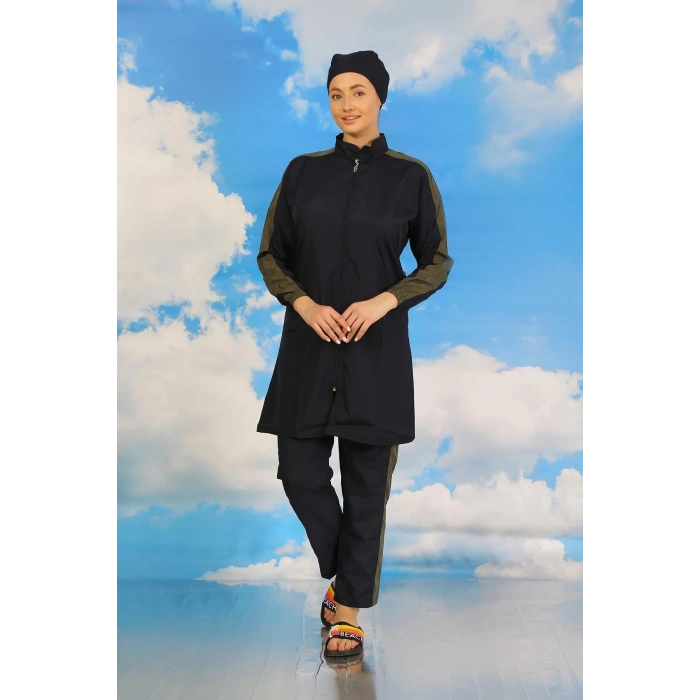 Moda Kadın Pantolonlu Kolu Şeritli Tam Tesettür Mayo Lacivert