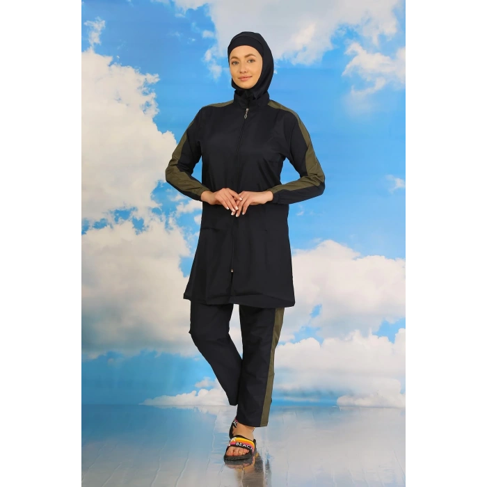 Moda Kadın Pantolonlu Kolu Şeritli Tam Tesettür Mayo Lacivert