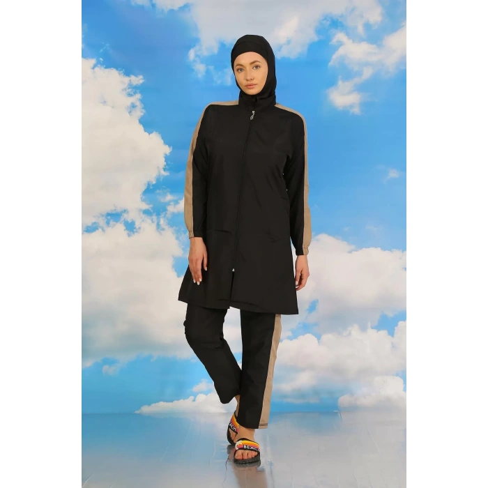 Moda Kadın Pantolonlu Kolu Şeritli Tam Tesettür Mayo Siyah