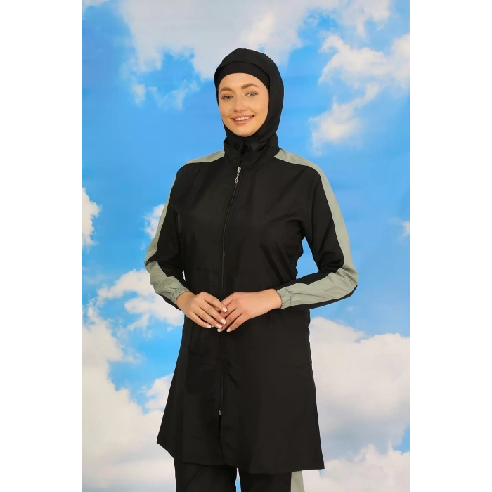 Moda Kadın Pantolonlu Kolu Şeritli Tam Tesettür Mayo Siyah