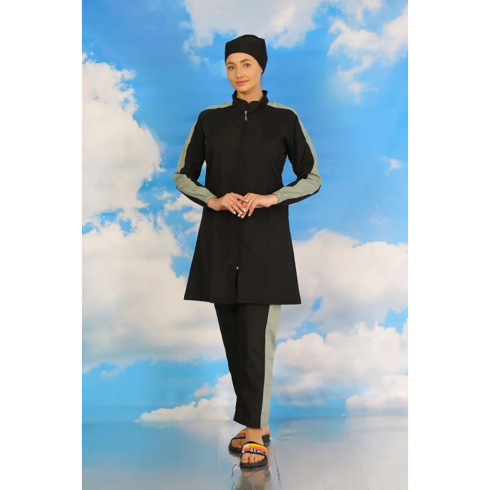 Moda Kadın Pantolonlu Kolu Şeritli Tam Tesettür Mayo Siyah