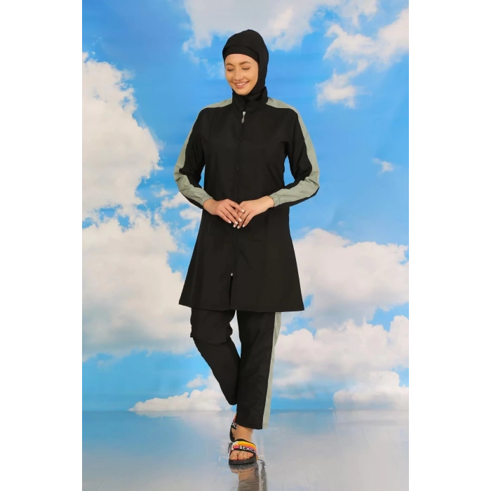 Moda Kadın Pantolonlu Kolu Şeritli Tam Tesettür Mayo Siyah