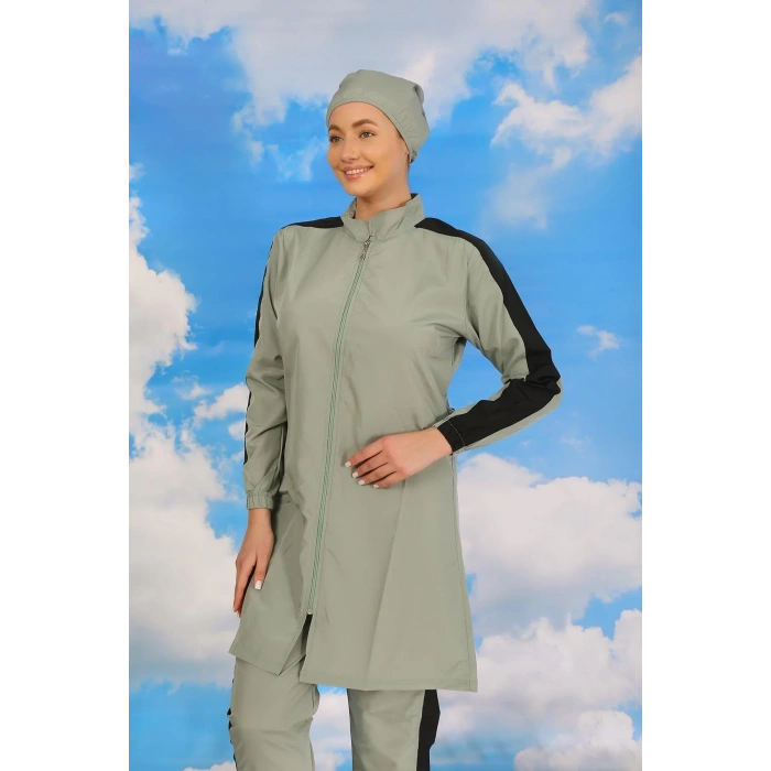 Moda Kadın Pantolonlu Kolu Şeritli Tam Tesettür Mayo Su Yeşili