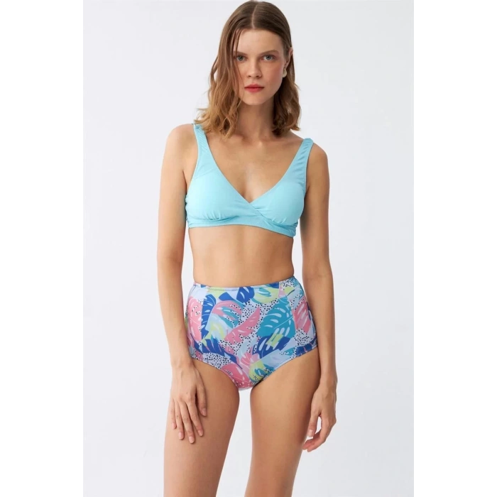 Moda Kadın Pedli Üst Tropik Desenli Yüksek Bel Bikini Takımı - Buz Mavisi