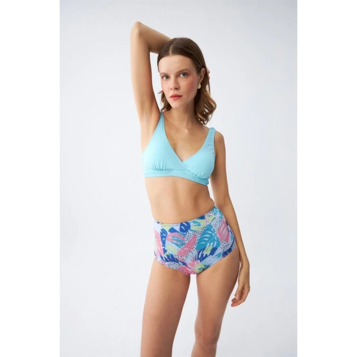Moda Kadın Pedli Üst Tropik Desenli Yüksek Bel Bikini Takımı - Buz Mavisi