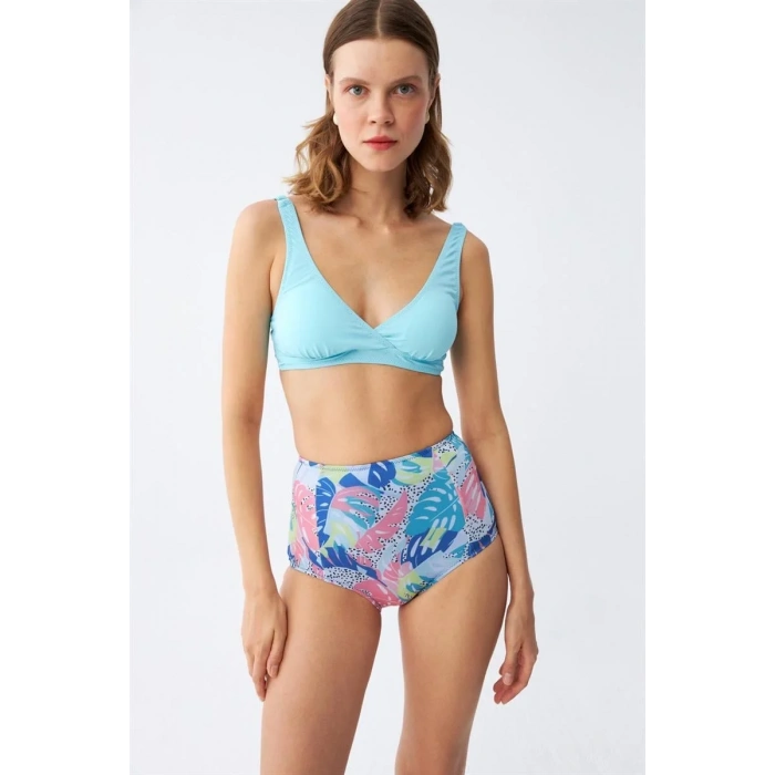 Moda Kadın Pedli Üst Tropik Desenli Yüksek Bel Bikini Takımı - Buz Mavisi