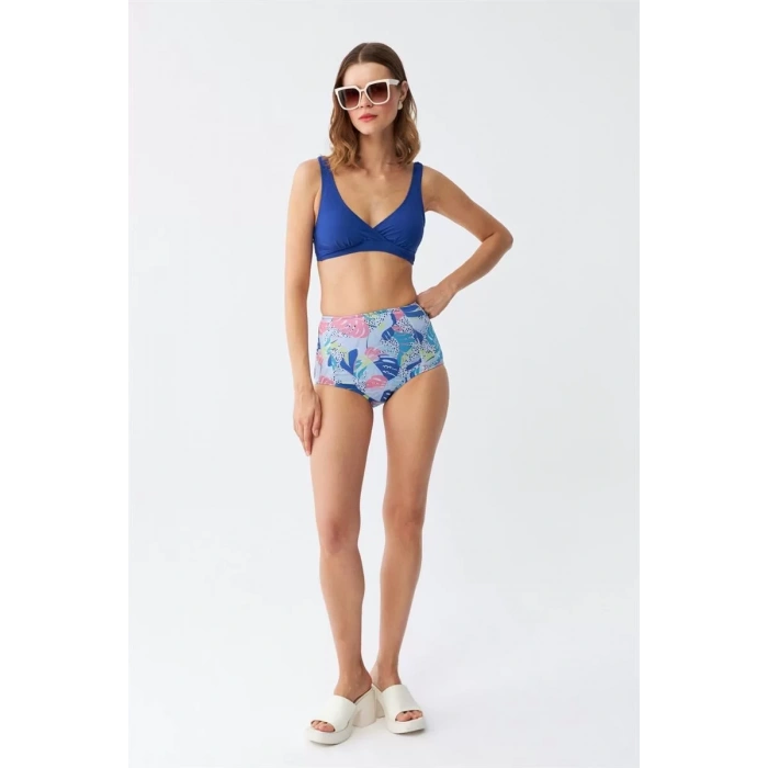 Moda Kadın Pedli Yaprak Desenli Yüksek Bel Sax Bikini Takımı