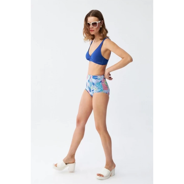 Moda Kadın Pedli Yaprak Desenli Yüksek Bel Sax Bikini Takımı