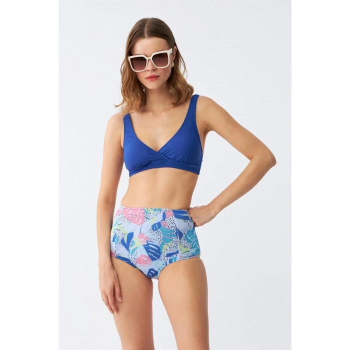 Moda Kadın Pedli Yaprak Desenli Yüksek Bel Sax Bikini Takımı