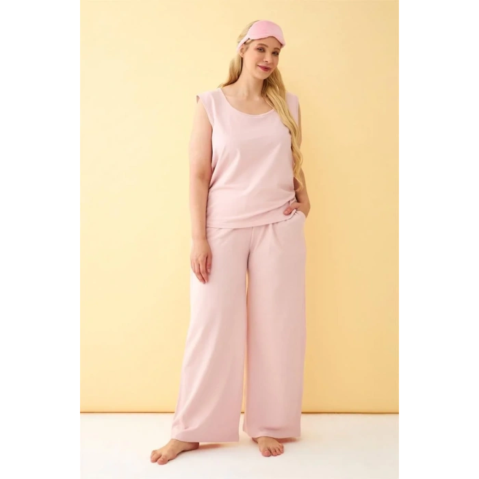 Moda Kadın Pembe Büyük Beden Penye Alt Üst Takım