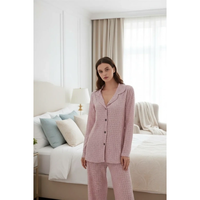 Moda Kadın Pembe Önden Düğmeli Rahat Kesim Pijama Takımı – Günlük Ev Giyim Seti