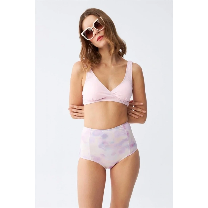 Moda Kadın Pembe Pedli Üst ve Pastel Desenli Yüksek Bel Bikini Takımı