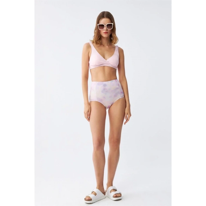 Moda Kadın Pembe Pedli Üst ve Pastel Desenli Yüksek Bel Bikini Takımı