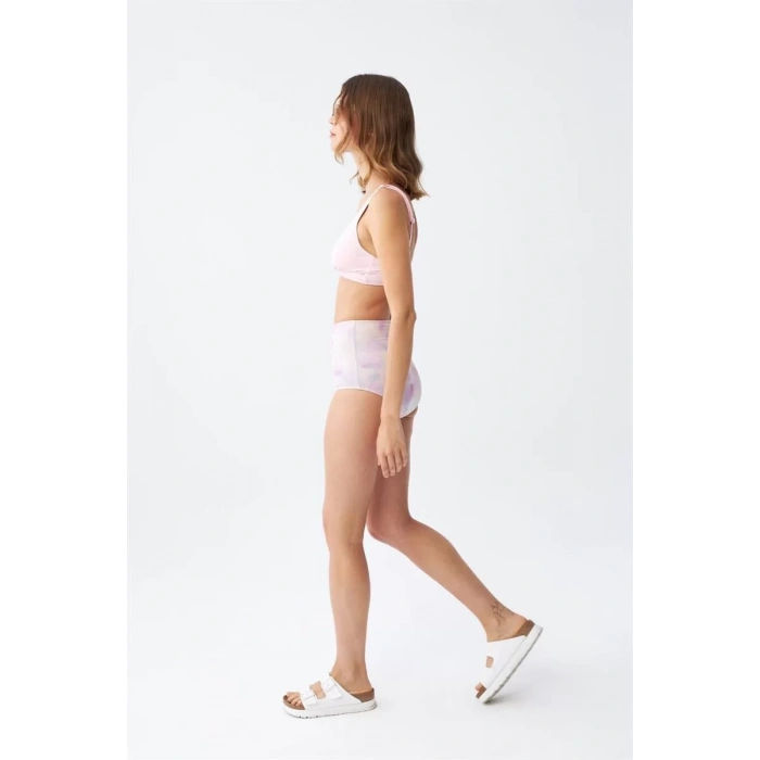Moda Kadın Pembe Pedli Üst ve Pastel Desenli Yüksek Bel Bikini Takımı