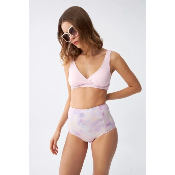 Moda Kadın Pembe Pedli Üst ve Pastel Desenli Yüksek Bel Bikini Takımı