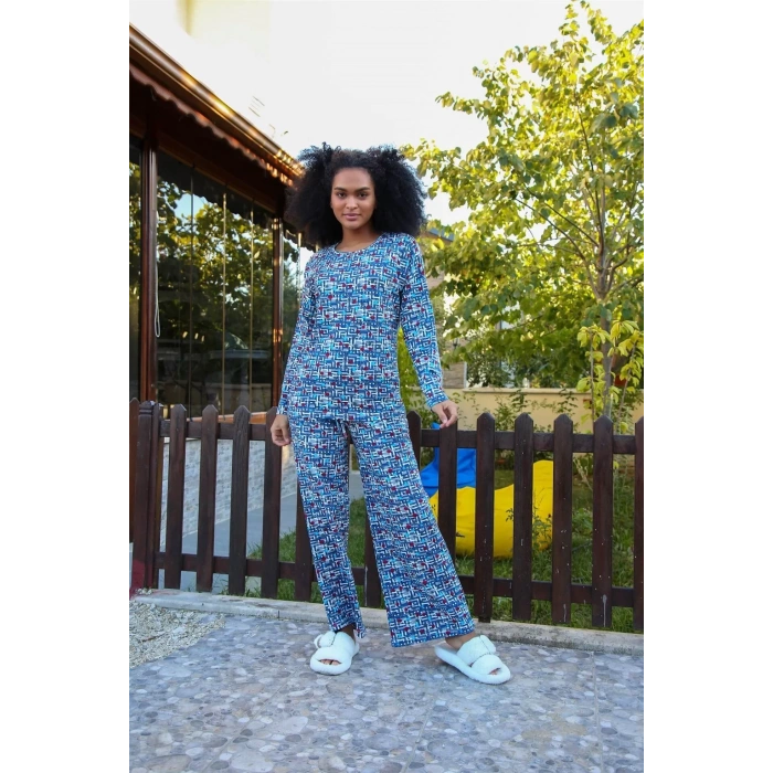Moda Kadın Penye Bol Paça Pijama Takım Mavi
