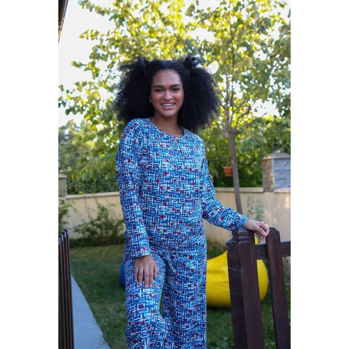 Moda Kadın Penye Bol Paça Pijama Takım Mavi