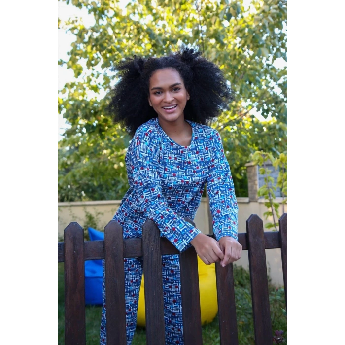 Moda Kadın Penye Bol Paça Pijama Takım Mavi