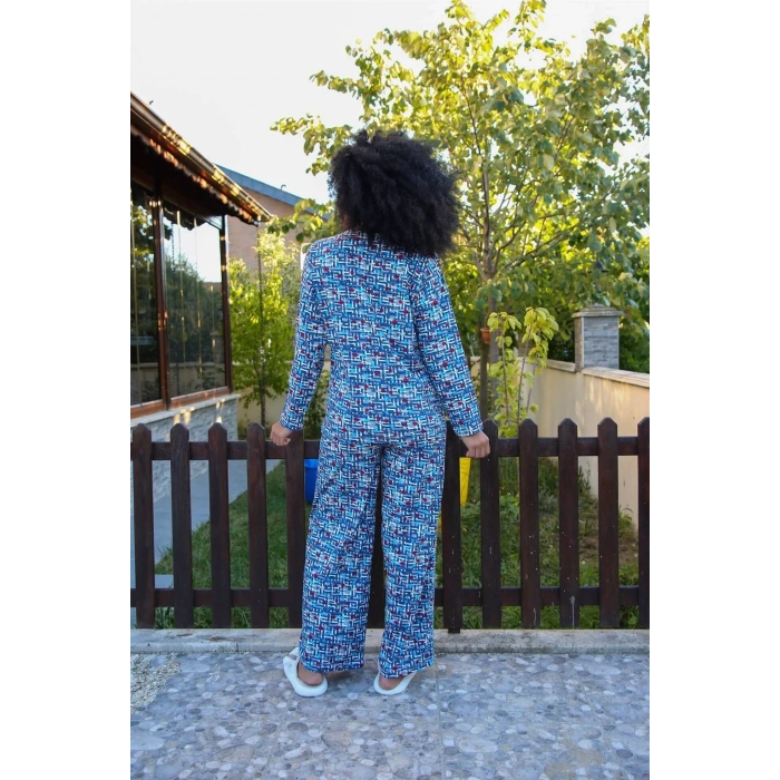Moda Kadın Penye Bol Paça Pijama Takım Mavi