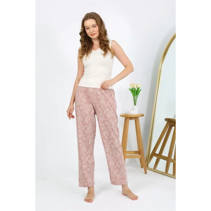 Moda Kadın Penye Çiçek Desenli Tek Alt Pijama Pudra