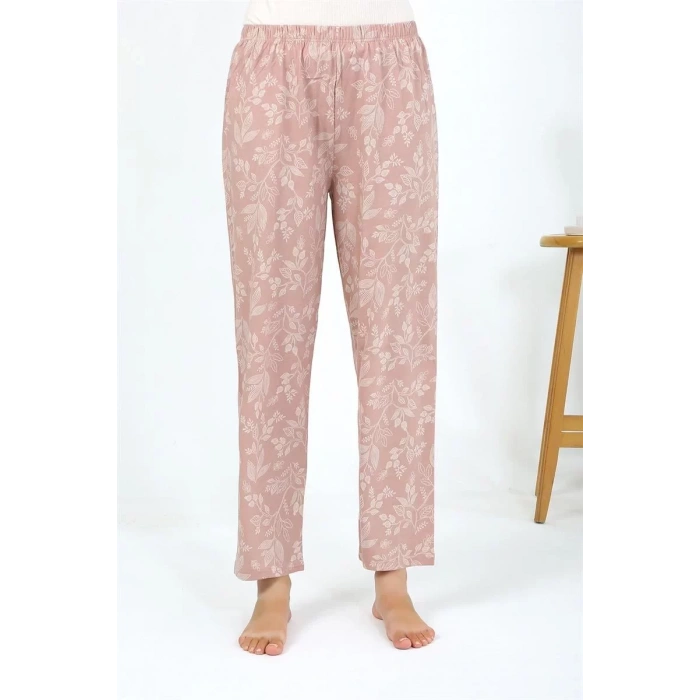 Moda Kadın Penye Çiçek Desenli Tek Alt Pijama Pudra