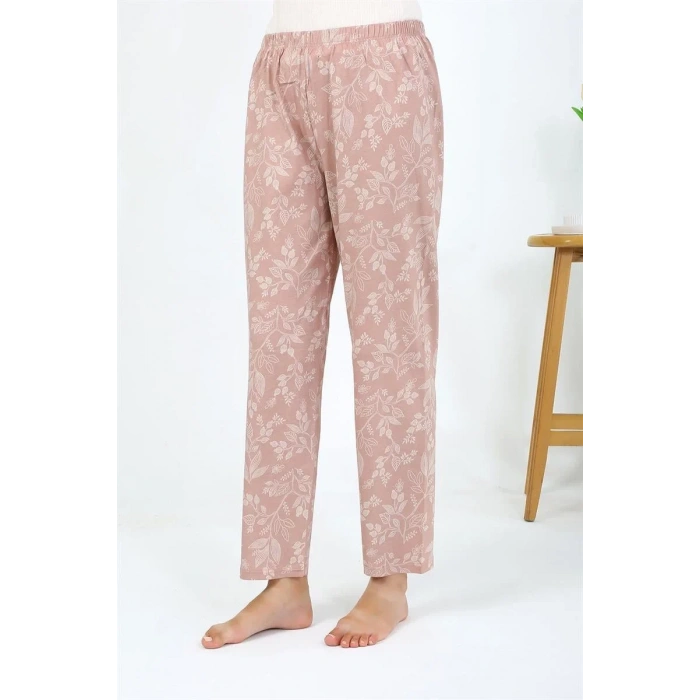 Moda Kadın Penye Çiçek Desenli Tek Alt Pijama Pudra