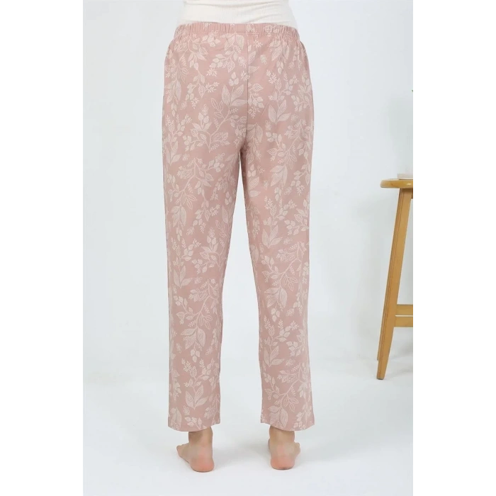 Moda Kadın Penye Çiçek Desenli Tek Alt Pijama Pudra