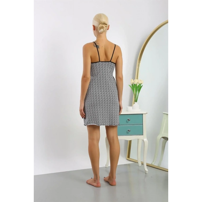 Moda Kadın Penye Desenli İp Askılı Gecelik