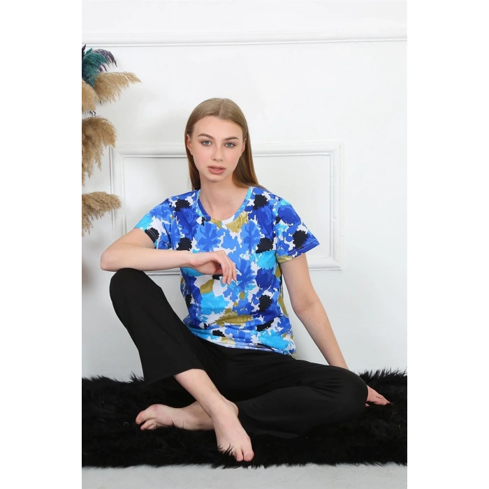 Moda Kadın Penye Kısa Kol Pijama Takım Saks