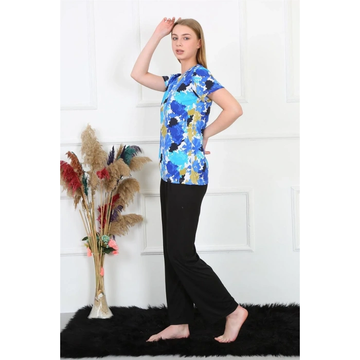 Moda Kadın Penye Kısa Kol Pijama Takım Saks