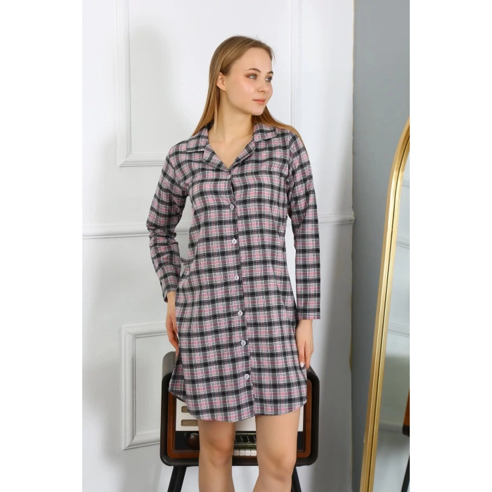 Moda Kadın Penye Uzun Kol Düğmeli Siyah Tunik Gecelik