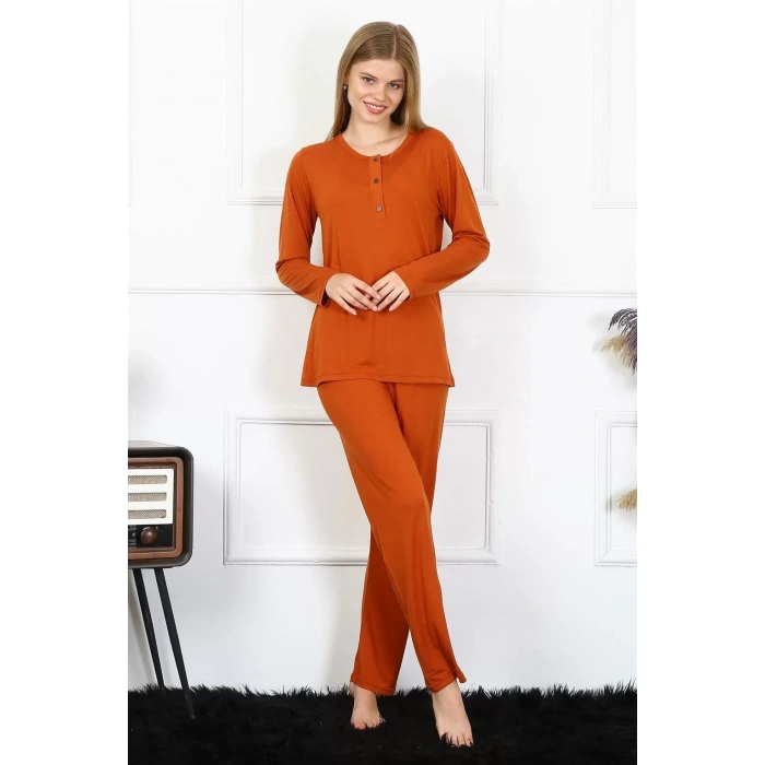Moda Kadın Penye Uzun Kol Patlı Pijama Takım Kiremit