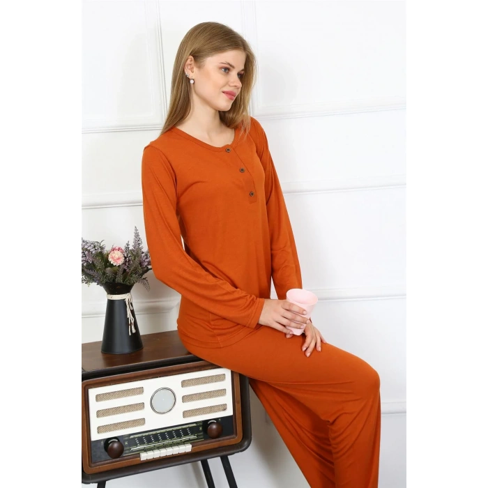 Moda Kadın Penye Uzun Kol Patlı Pijama Takım Kiremit