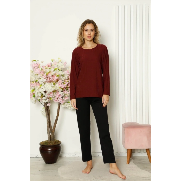 Moda Kadın Penye Uzun Kol Pijama Takım Bordo
