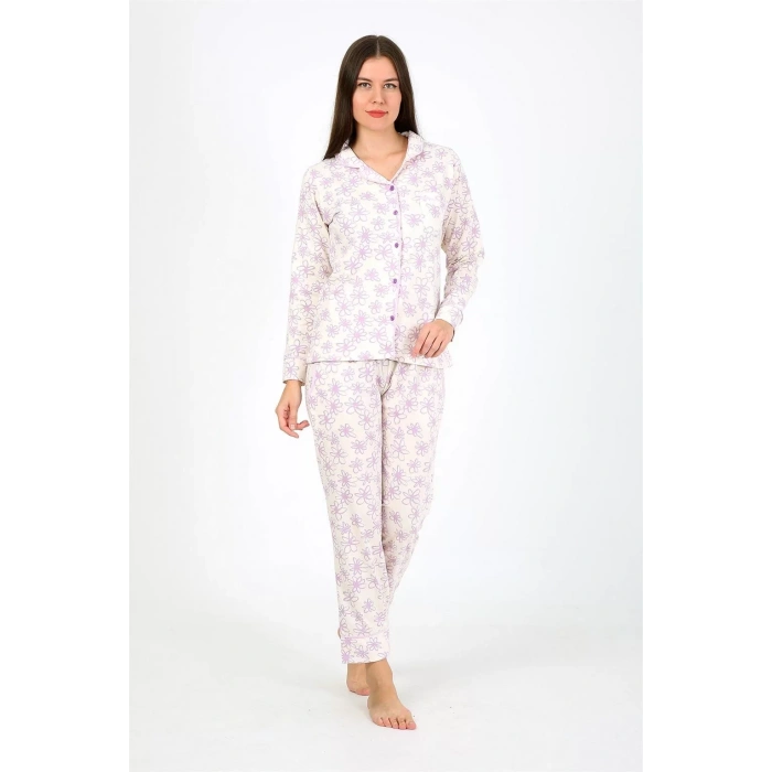 Moda Kadın Penye Uzun Kol Pijama Takım Ekru