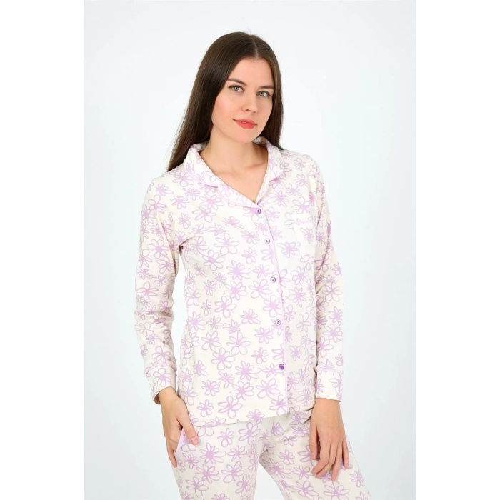 Moda Kadın Penye Uzun Kol Pijama Takım Ekru