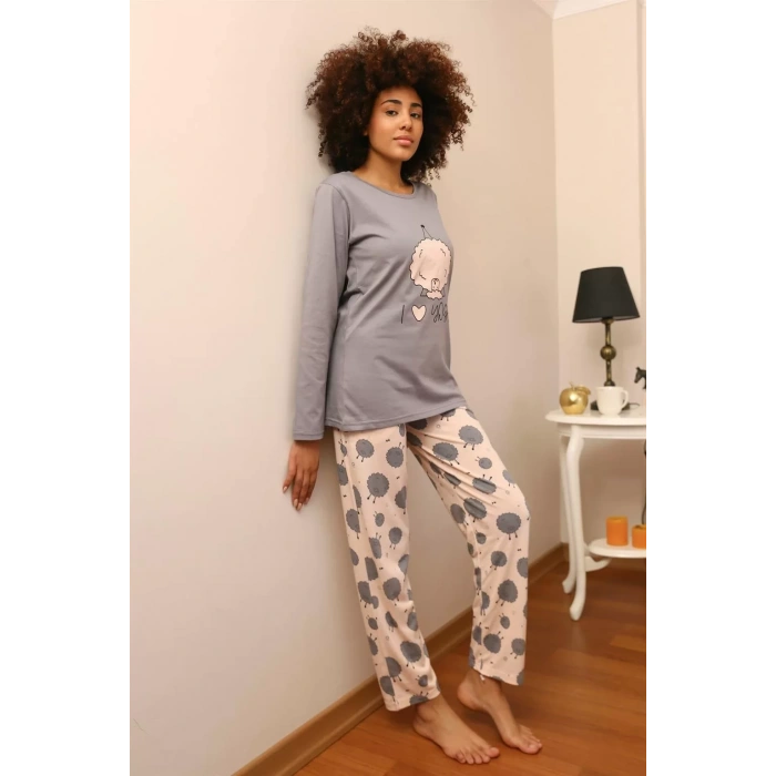 Moda Kadın Penye Uzun Kol Pijama Takım Gri