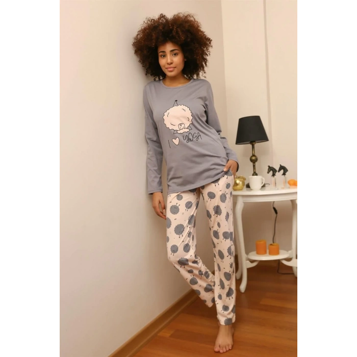 Moda Kadın Penye Uzun Kol Pijama Takım Gri