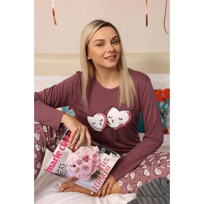Moda Kadın Penye Uzun Kol Pijama Takım Mürdüm