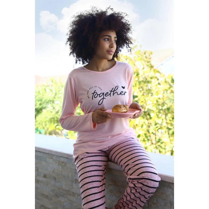 Moda Kadın Penye Uzun Kol Pijama Takım Pembe
